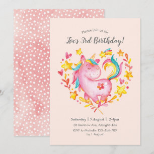 Aquarelle Rainbow Unicorn Invitation d'anniversair