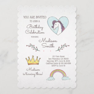 Aquarelle Rainbow Unicorn Invitation d'anniversair