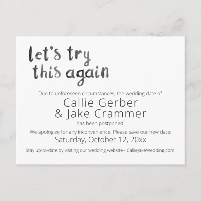Aquarelle Réessayer Carte postale Mariage reportée (Devant)