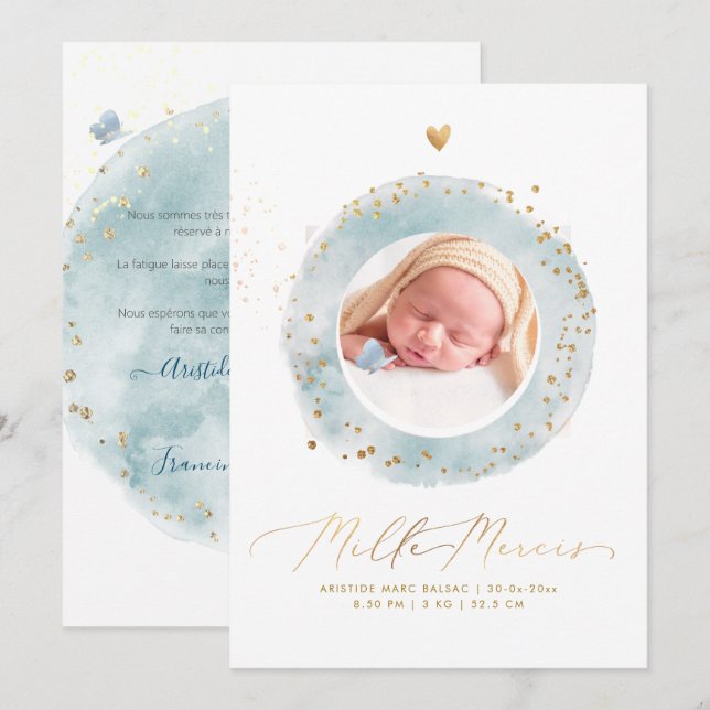Aquarelle Remerciement Naissance Fille Einladung (Vorne/Hinten)