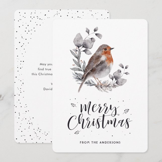 Aquarelle Robin Bird Wreath Joyeuse carte de Noël (Devant / Derrière)