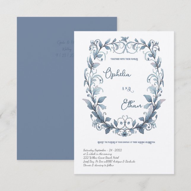 Aquarelle Rococo Floral Wreath faire-part de maria (Devant / Derrière)