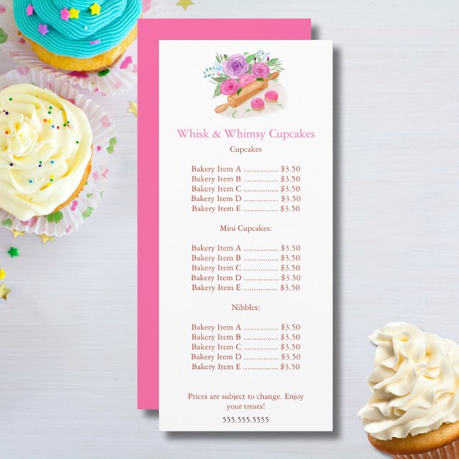 Aquarelle Rolling Pin Rose Cupcake Prix Menu (Créateur téléchargé)