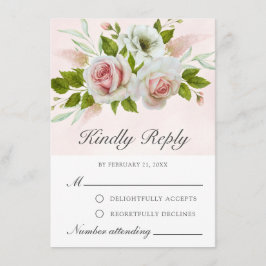 Aquarelle romantique rose Roses blanches carte RSV