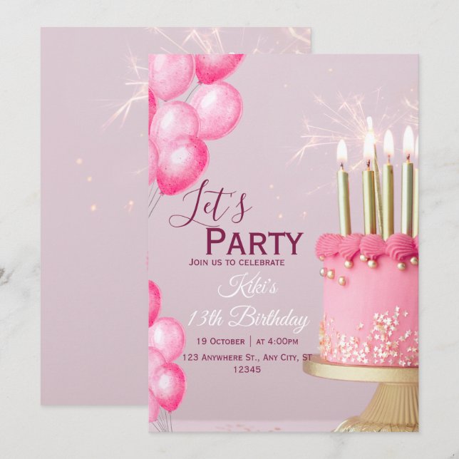 Aquarelle rose 13e anniversaire Invitation (Devant / Derrière)