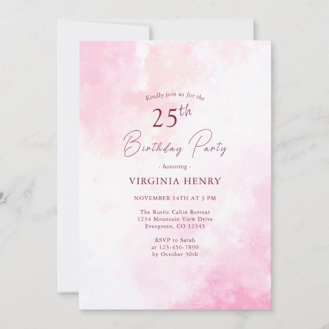 Aquarelle rose 25e anniversaire Invitation (Devant)