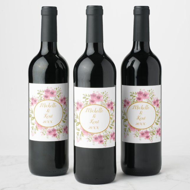 Aquarelle rose Anémone Floral Vin Étiquette (Bouteilles)