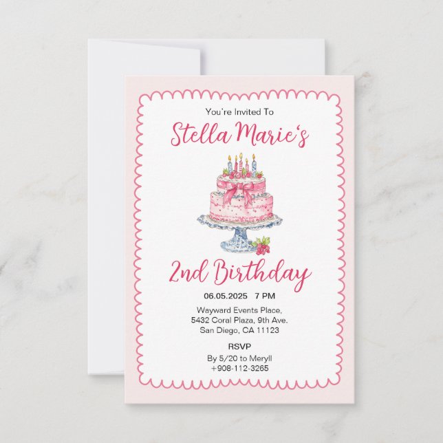 Aquarelle rose Anniversaire Cake Party Invitation (Devant)