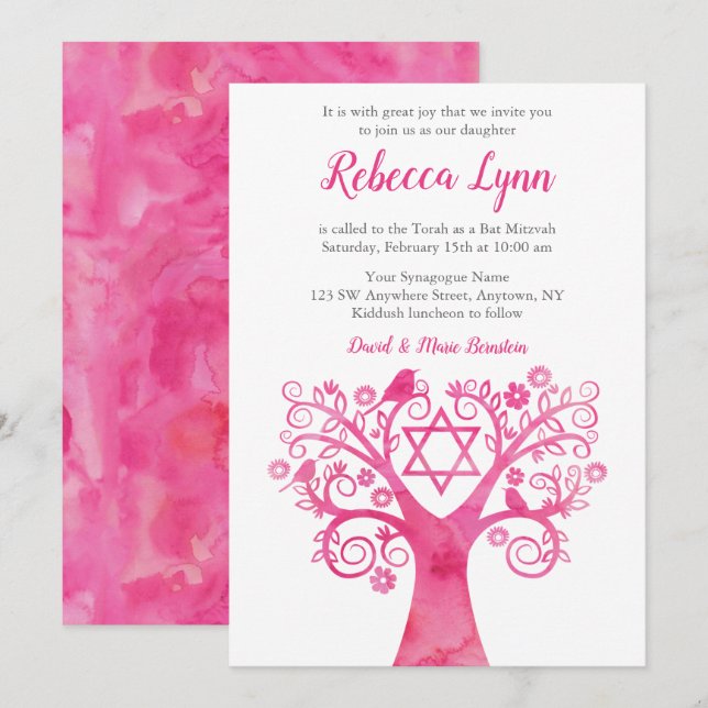 Aquarelle rose Arbre de vie Bat mitzvah Invitation (Devant / Derrière)