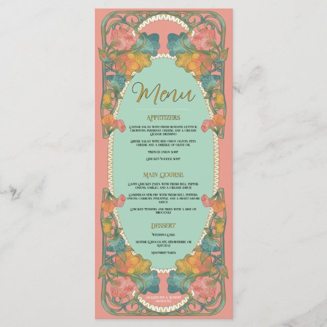 Aquarelle rose Art Nouveau Menu Mariage (Devant)