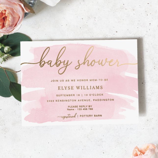 Aquarelle rose Baby shower Gold Foil Invitation (Baby Shower Invitation - Pink Watercolour Gold Foil )