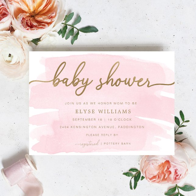 Aquarelle rose Baby shower or Invitation (Baby Shower Invitation Pink Watercolour Gold )