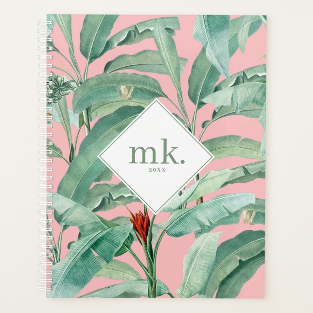 Aquarelle rose banane tropicale Feuilles Monogramm (Devant)