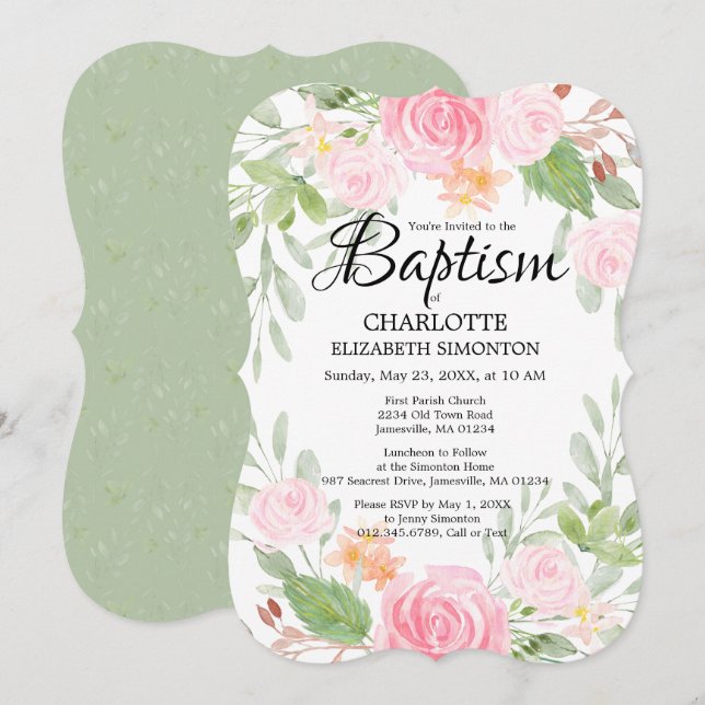 Aquarelle rose Baptême floral Invitations (Devant / Derrière)