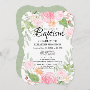 Aquarelle rose Baptême floral Invitations