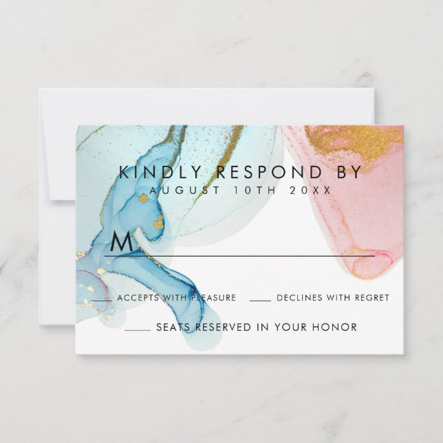 Aquarelle rose bleu or mariage carte RSVP (Devant)