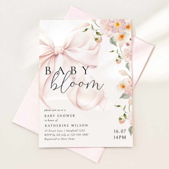 Aquarelle rose Bow Baby shower floral Invitation (Créateur téléchargé)