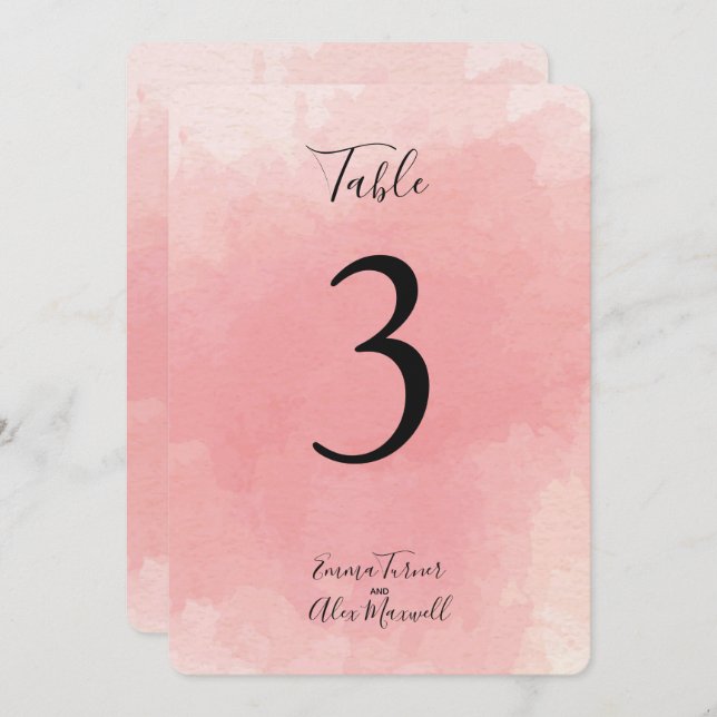 Aquarelle rose | Cartes numéros de table (Devant / Derrière)