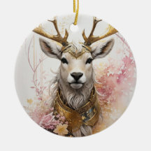 Aquarelle rose Cerf en céramique ornement de Noël