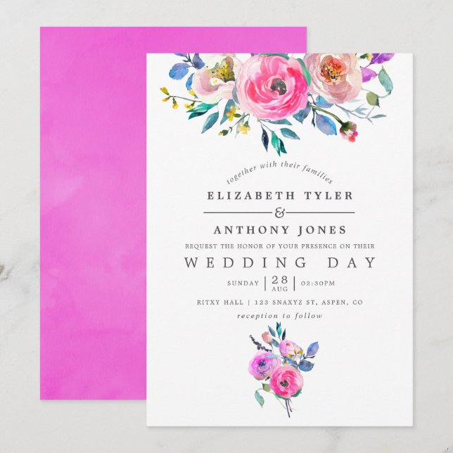 Aquarelle rose chaud Faire-part de mariage Floral (Devant / Derrière)