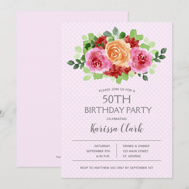 Aquarelle rose chaud Floral Invitations d'annivers (Devant / Derrière)
