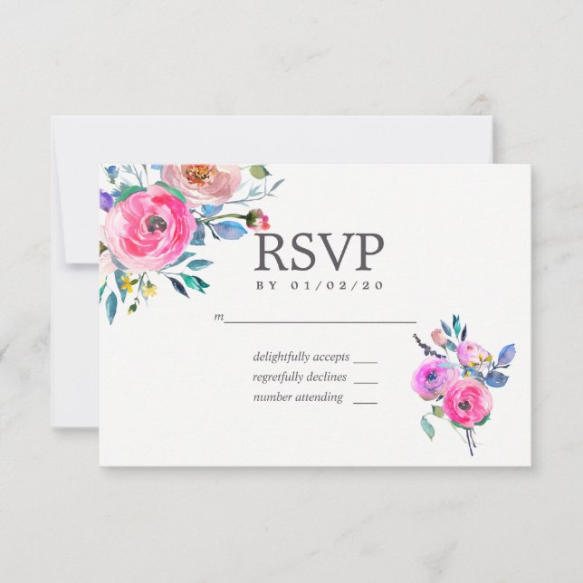 Aquarelle rose chaud Mariage floral RSVP (Devant)
