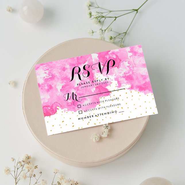 Aquarelle rose chic élégant confetti or RSVP (Pink watercolor chic elegant gold confetti RSVP )