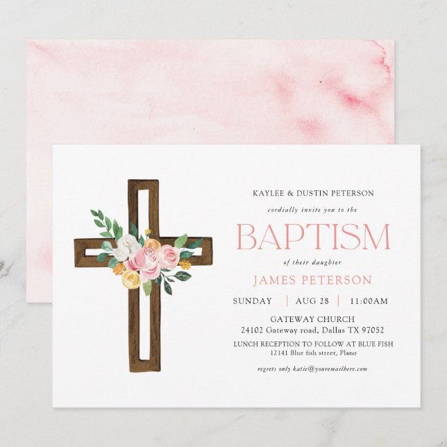 Aquarelle rose Croix Baptême floral Invitation (Devant / Derrière)