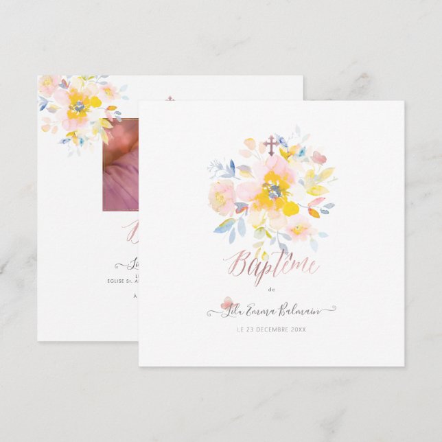 Aquarelle Rose de Jardin Faire part de Baptême Einladung (Vorne/Hinten)