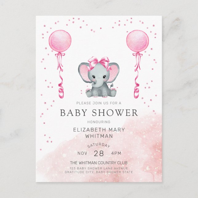 Aquarelle rose Eléphant Baby shower Invitation (Devant)