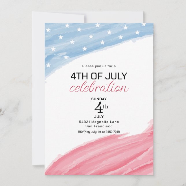 Aquarelle rose et bleu 4 juillet invitations (Devant)