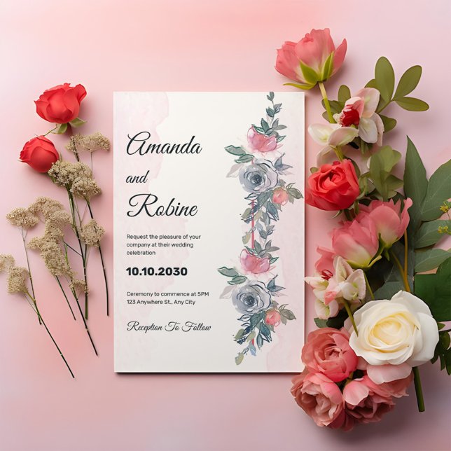 Aquarelle rose et Faire-part de mariage floral mar (Créateur téléchargé)