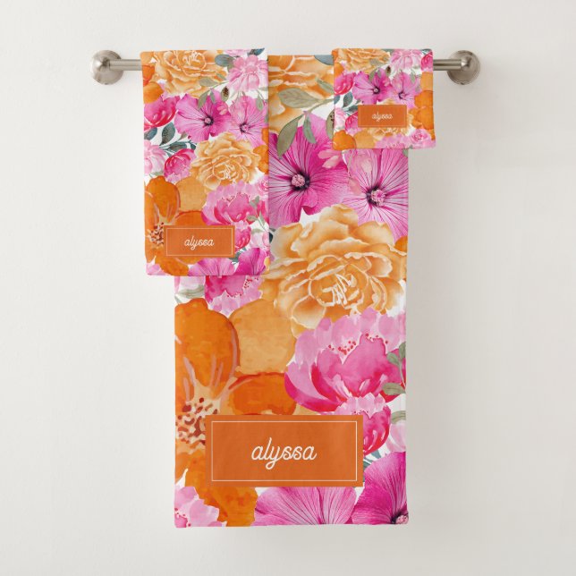 Aquarelle rose et orange Nom floral Monogramme (En situation)