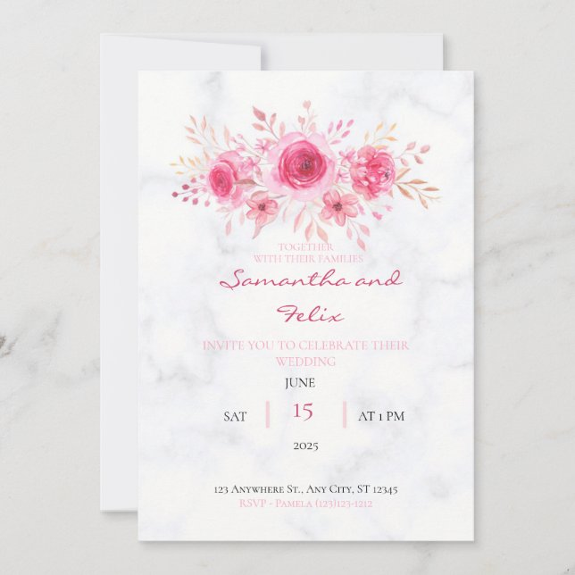 Aquarelle rose Faire-part de mariage de bouquet fl (Devant)