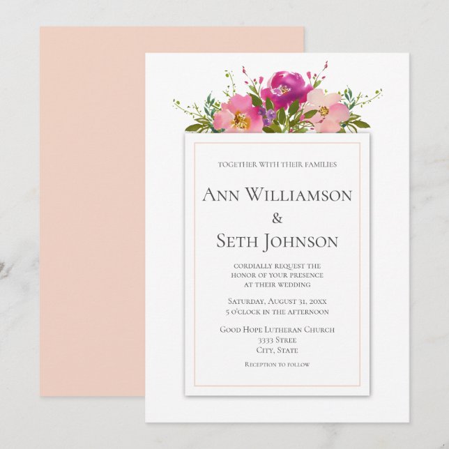 Aquarelle rose Faire-part de mariage Floral (Devant / Derrière)