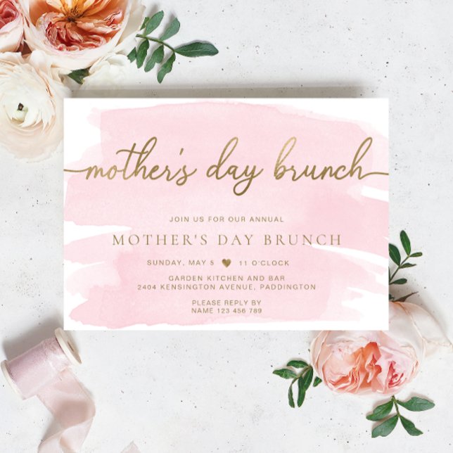 Aquarelle rose Fête des Mères Brunch Invitation (Mothers Day Brunch Invitation pink Watercolour Gold )