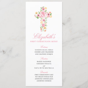 Aquarelle rose Fleur Croix Menu Première Communion