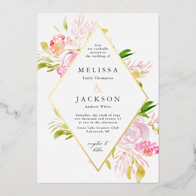 Aquarelle Rose Fleur de printemps Invitation Diama (Recto)