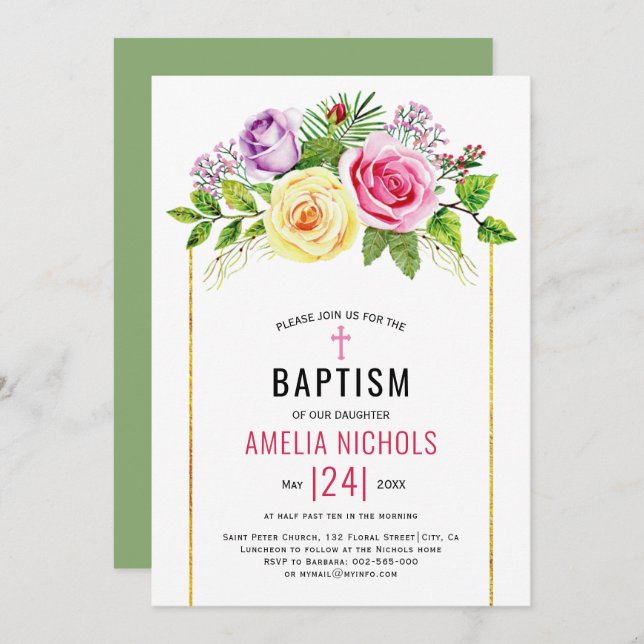 Aquarelle rose fleuri mariage Baptême Invitation (Devant / Derrière)