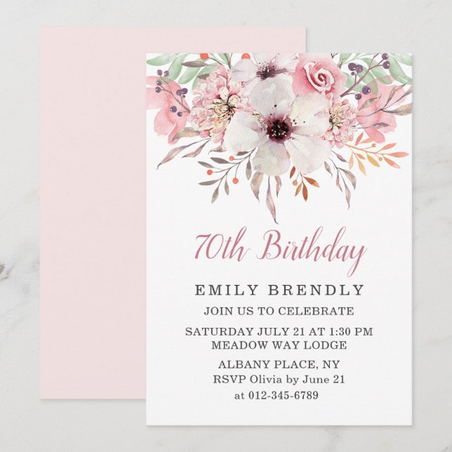 Aquarelle rose Floral 70e anniversaire Invitation  (Devant / Derrière)