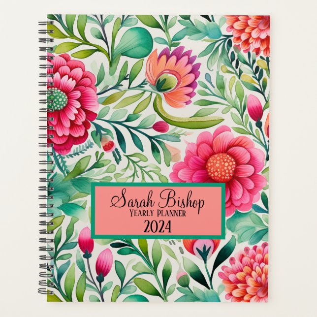 Aquarelle rose Floral annuel Planner Hardcover (Devant)
