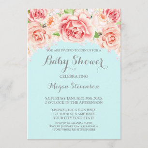 Aquarelle rose Floral Blue Baby shower Invitation