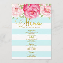 Aquarelle rose Floral Blue Stripes Menu Mariage