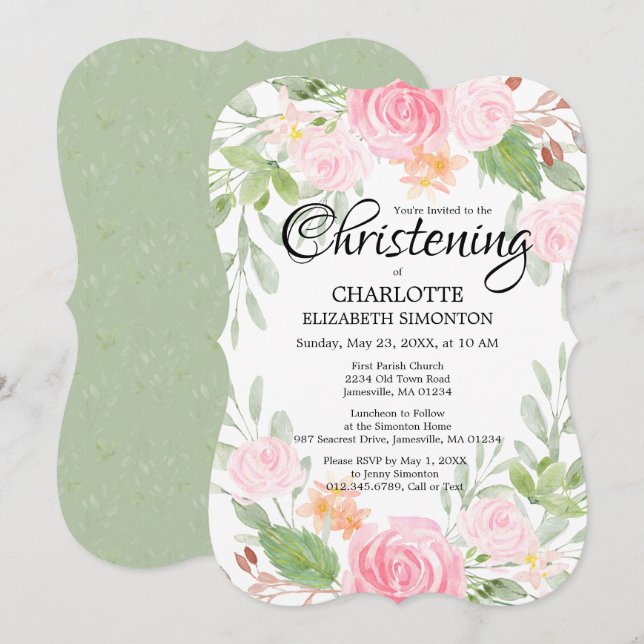 Aquarelle rose Floral Christening Invitations (Devant / Derrière)