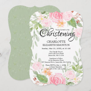 Aquarelle rose Floral Christening Invitations
