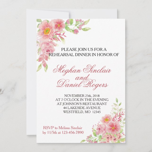 Aquarelle rose Floral Dîner Invitations (Devant)