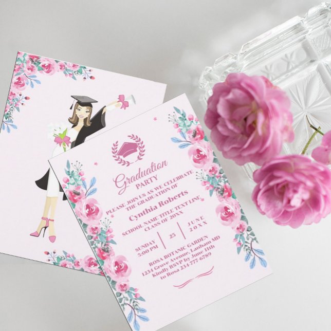 Aquarelle rose Floral Invitation à la graduation (Créateur téléchargé)