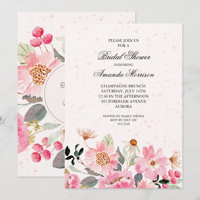 Aquarelle rose Floral Invitations de douche nuptia (Devant / Derrière)
