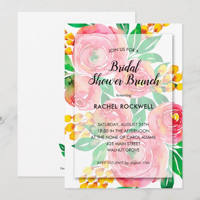 Aquarelle rose Floral Invitations de douche nuptia (Devant / Derrière)