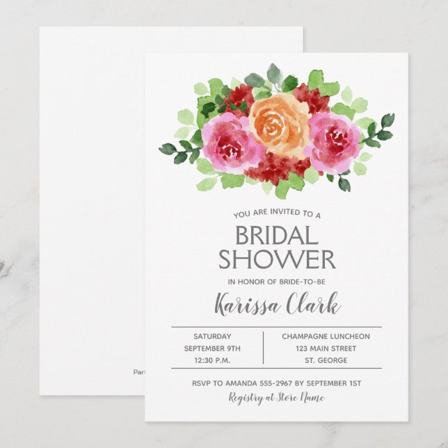 Aquarelle rose Floral Invitations de douche nuptia (Devant / Derrière)
